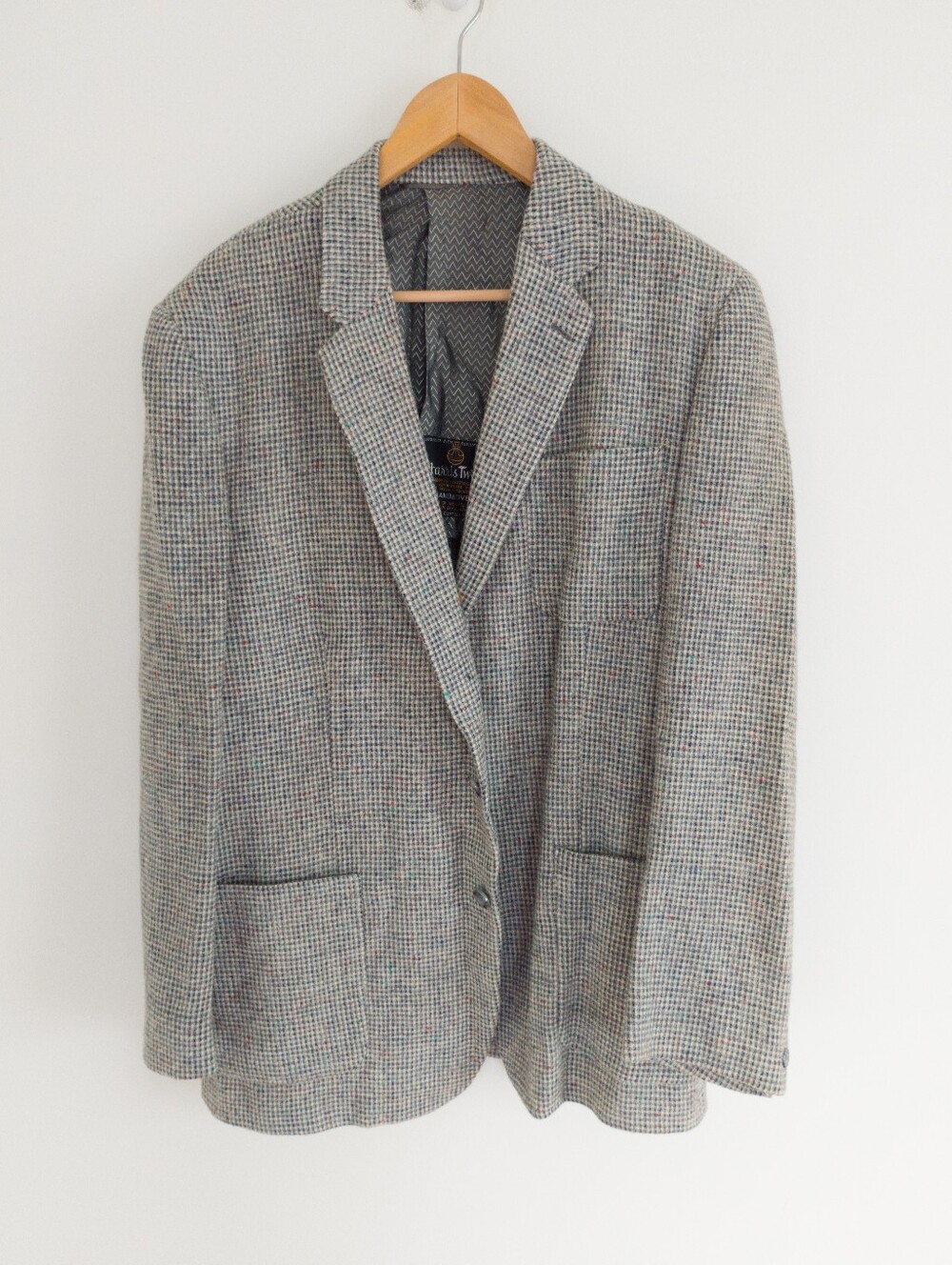 VTG Harris Tweed Handwoven Wool Blazer 42R Grey Check Flecked Dark Academia